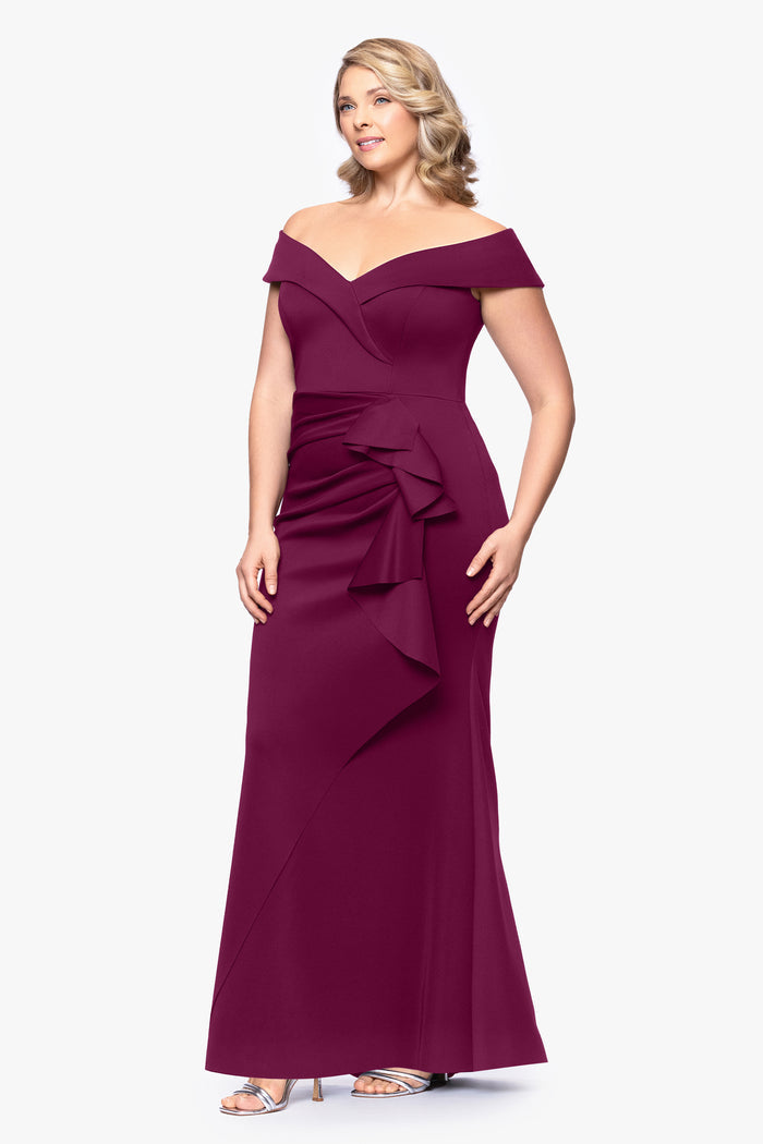 Raisin Plus “Patti” Techno Scuba Off The Shoulder Dress, angled three-quarter view