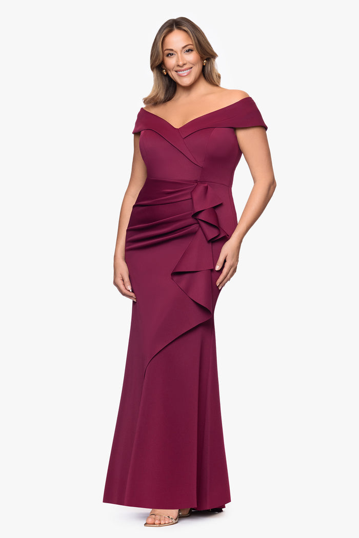 Wine Plus “Patti” Techno Scuba Off The Shoulder Dress, angled three-quarter view