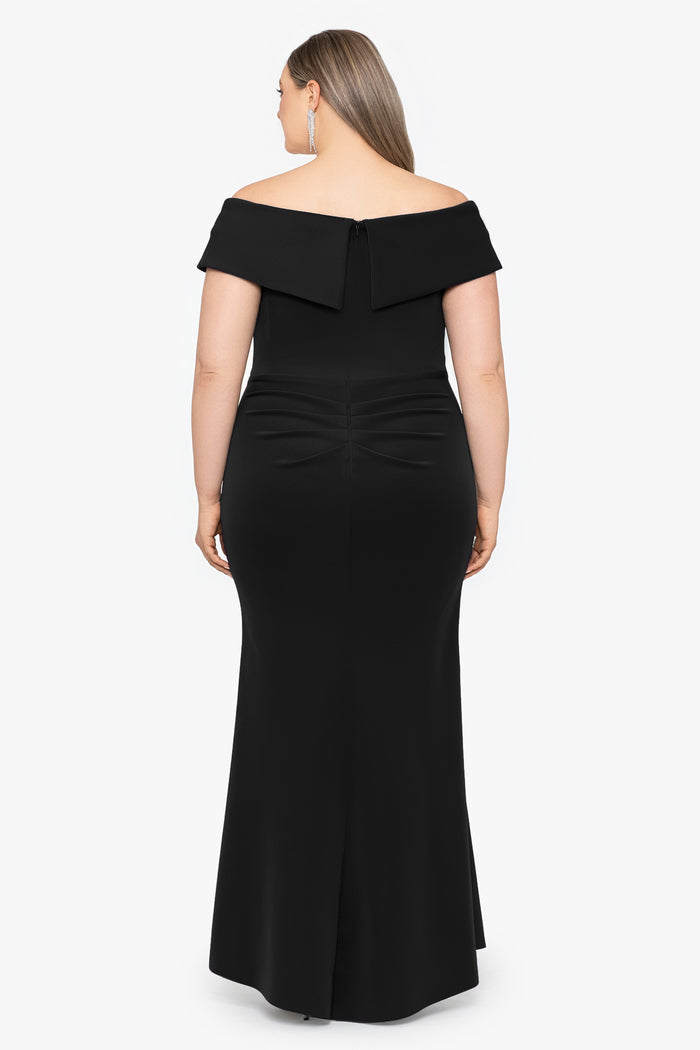 Black Plus “Patti” Techno Scuba Off The Shoulder Dress, back view