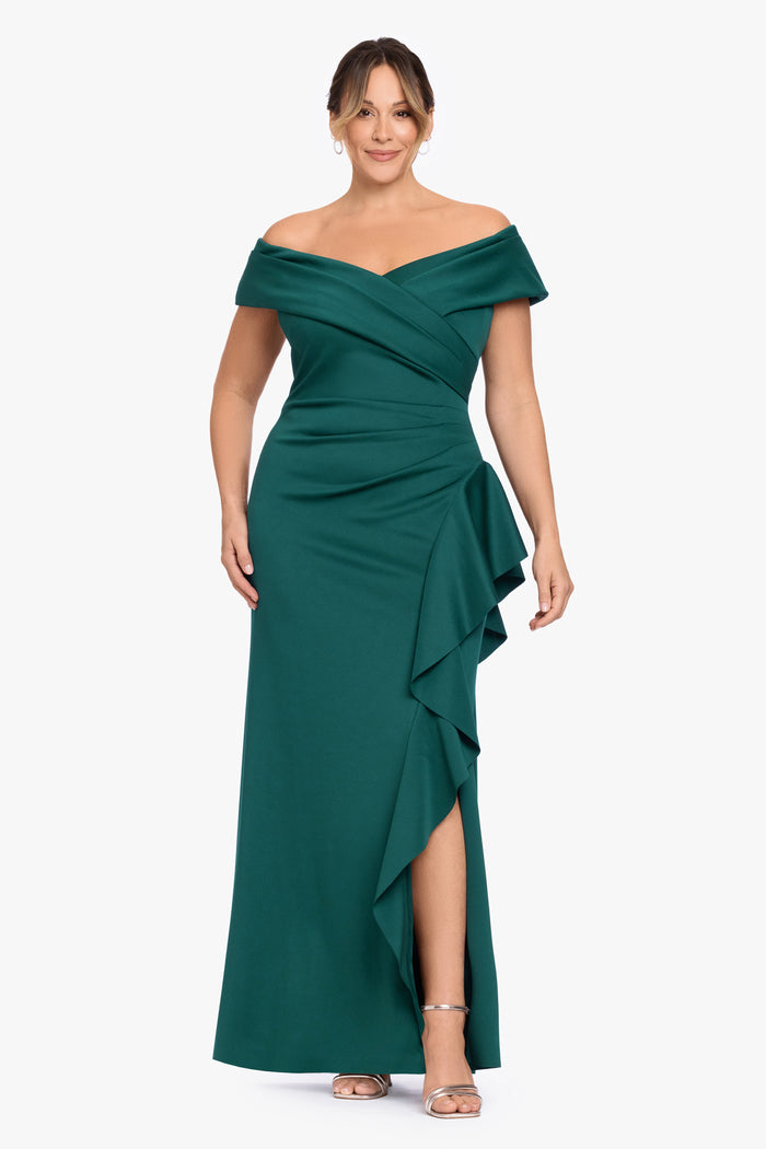 Hunter Plus “Pearl” Techno Scuba Off the Shoulder Ruffle Dress, front view