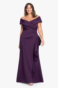 Plum Plus “Pearl” Techno Scuba Off the Shoulder Ruffle Dress, front view