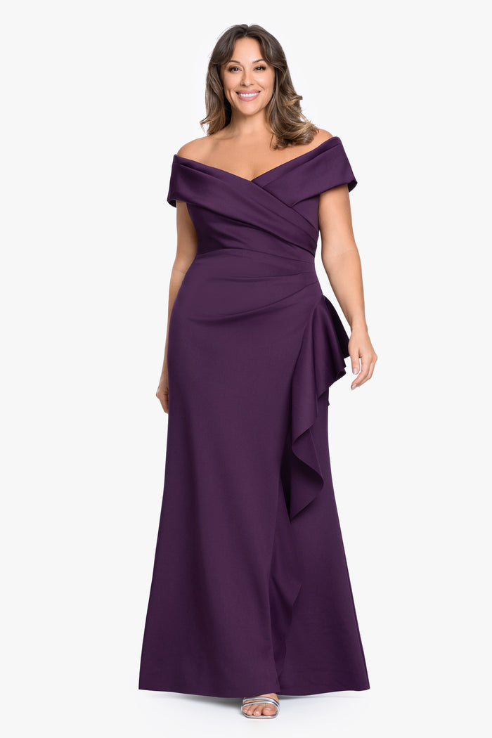 Plum Plus “Pearl” Techno Scuba Off the Shoulder Ruffle Dress, front view