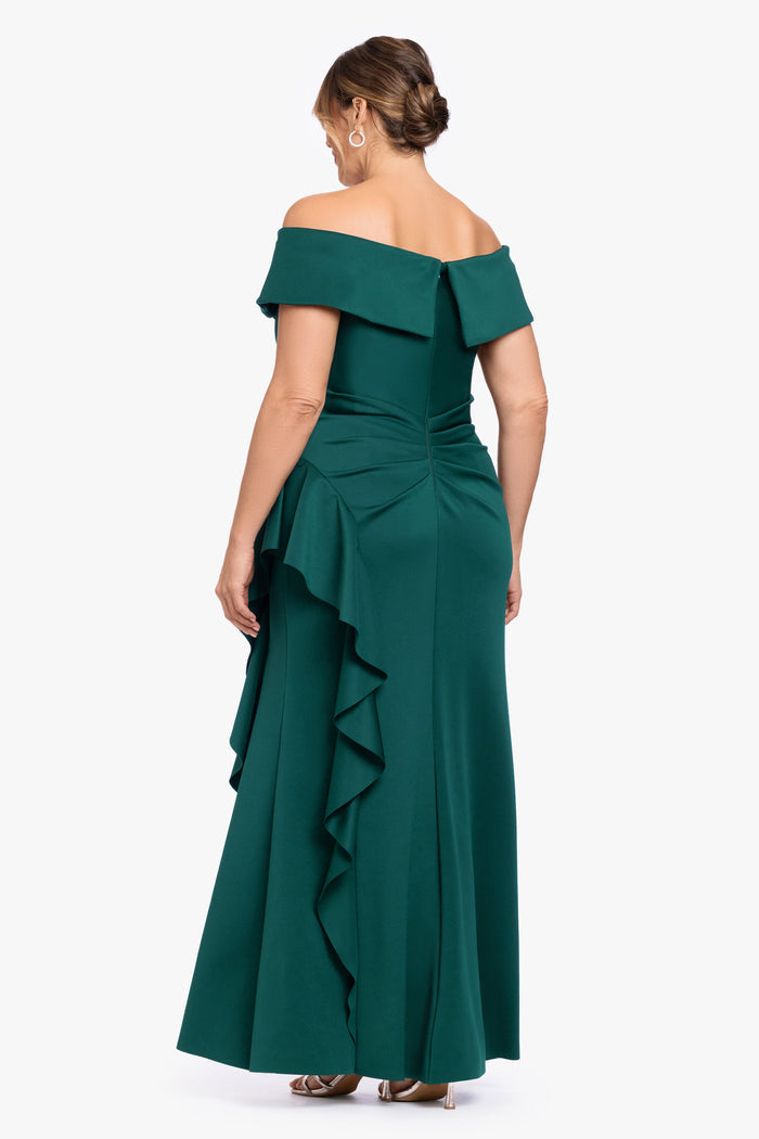 Hunter Plus “Pearl” Techno Scuba Off the Shoulder Ruffle Dress, back view