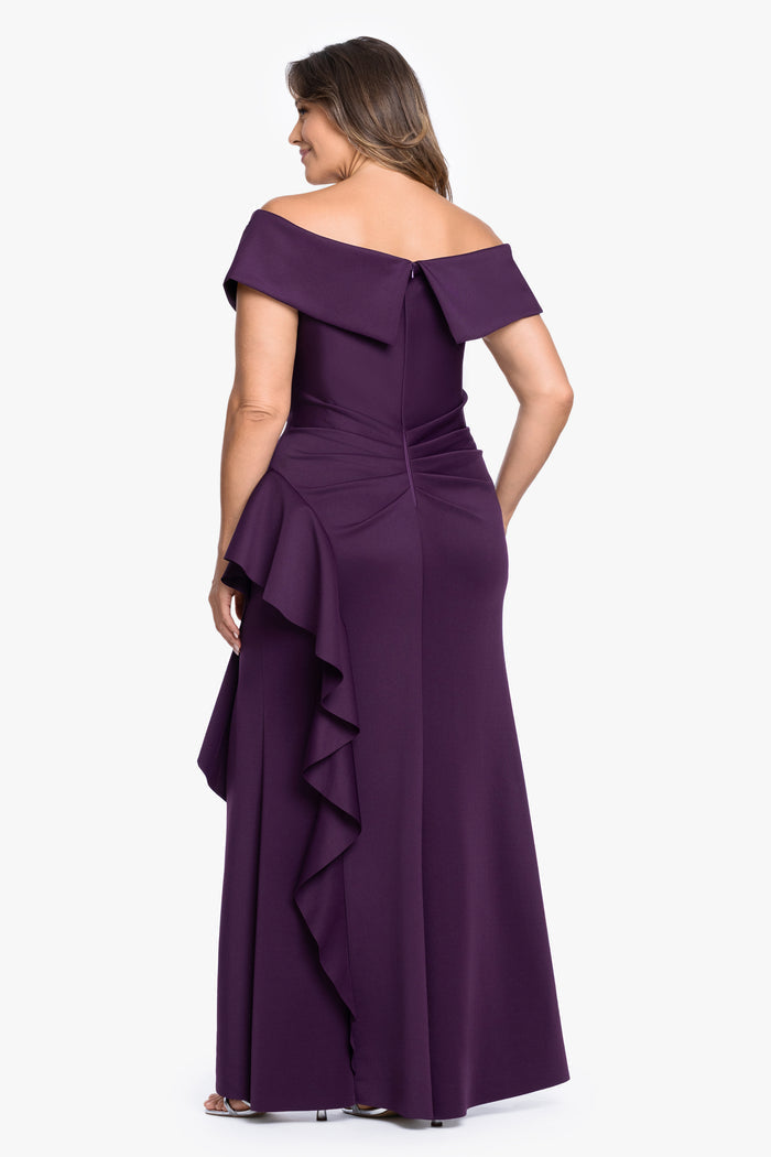 Plum Plus “Pearl” Techno Scuba Off the Shoulder Ruffle Dress, back view