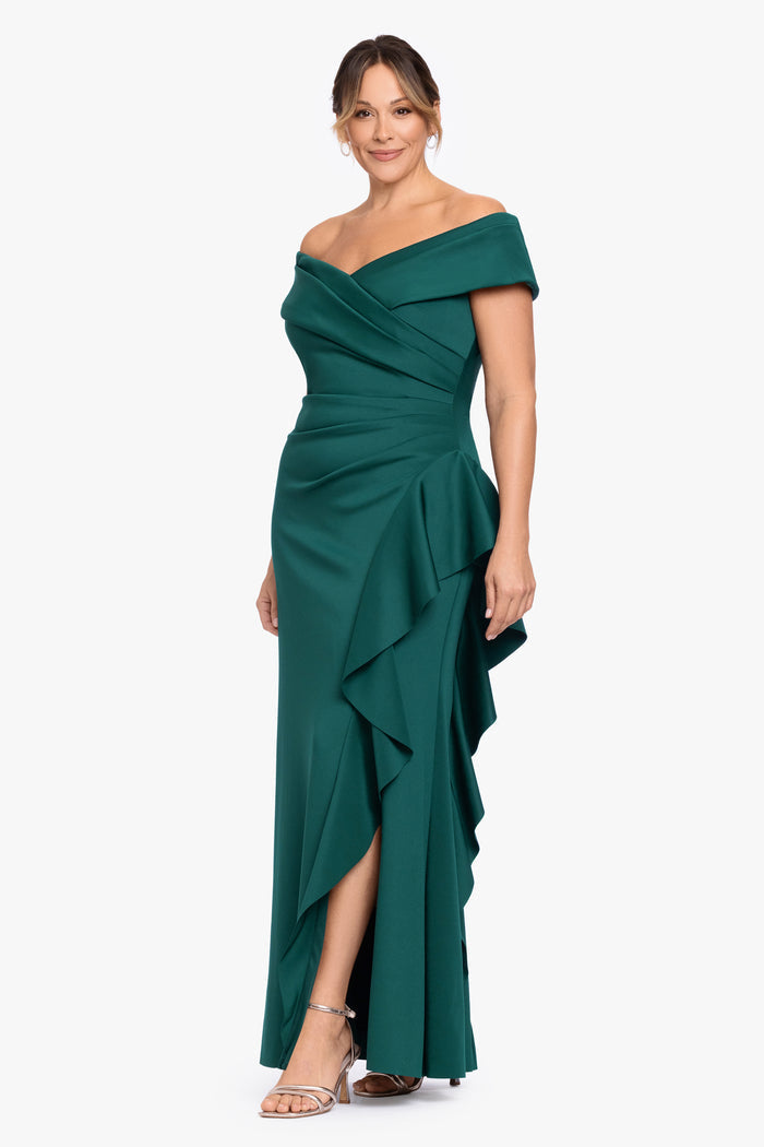Hunter Plus “Pearl” Techno Scuba Off the Shoulder Ruffle Dress, angled three-quarter view with cascading ruffle