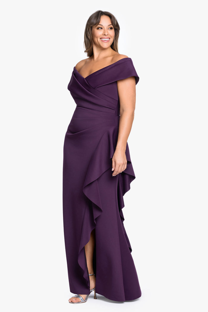 Plum Plus “Pearl” Techno Scuba Off the Shoulder Ruffle Dress, angled three-quarter view