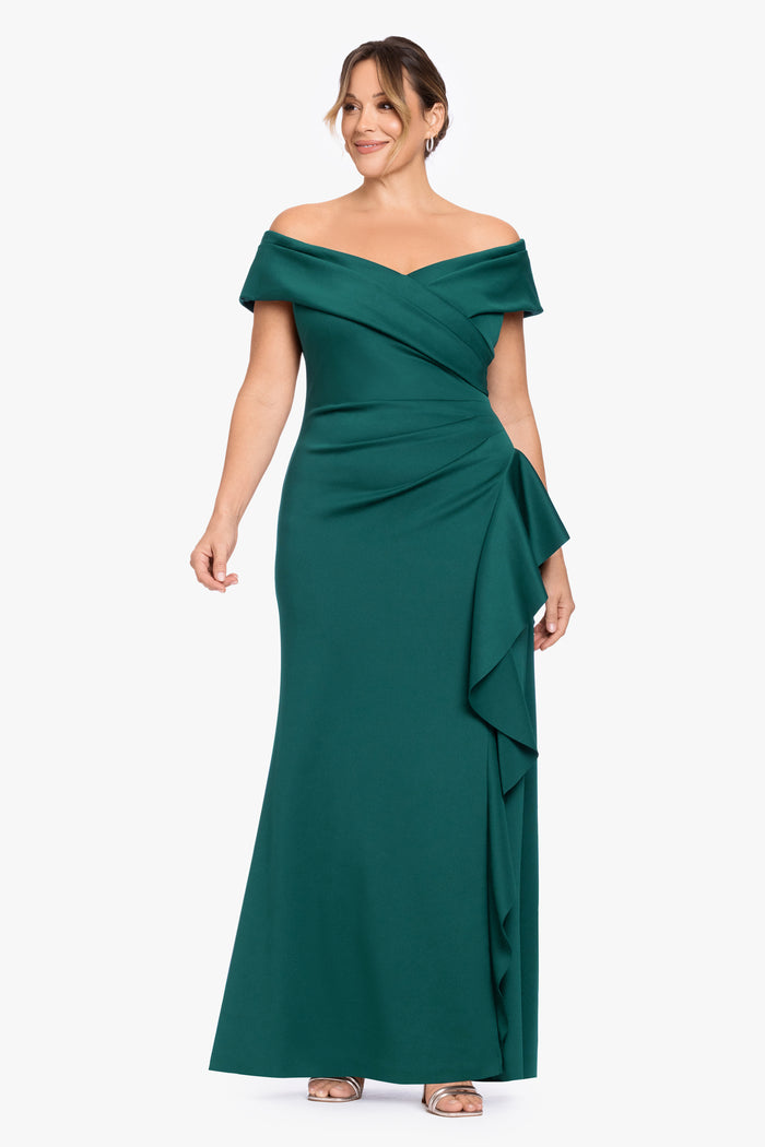 Hunter Plus “Pearl” Techno Scuba Off the Shoulder Ruffle Dress, alternate front view with side slit