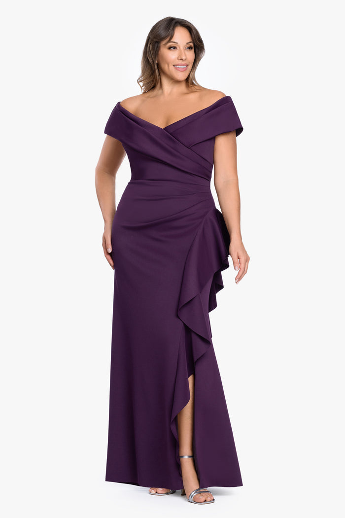 Plum Plus “Pearl” Techno Scuba Off the Shoulder Ruffle Dress, alternate front pose