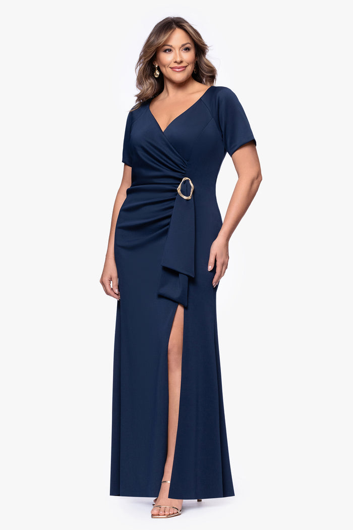 Midnight Plus “Jordan” Techno Scuba Short Sleeve Dress, angled three-quarter view showing the front leg slit