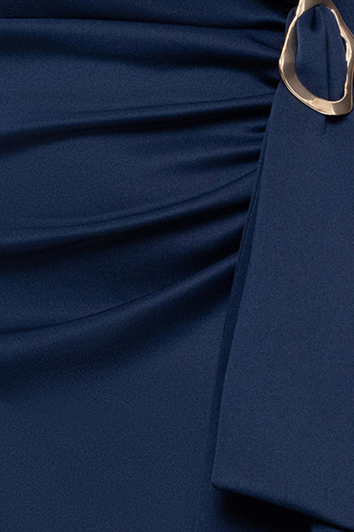 Close-up of the Midnight techno scuba fabric, waist ruching, and gold-tone buckle detail on the Plus “Jordan” Techno Scuba Short Sleeve Dress