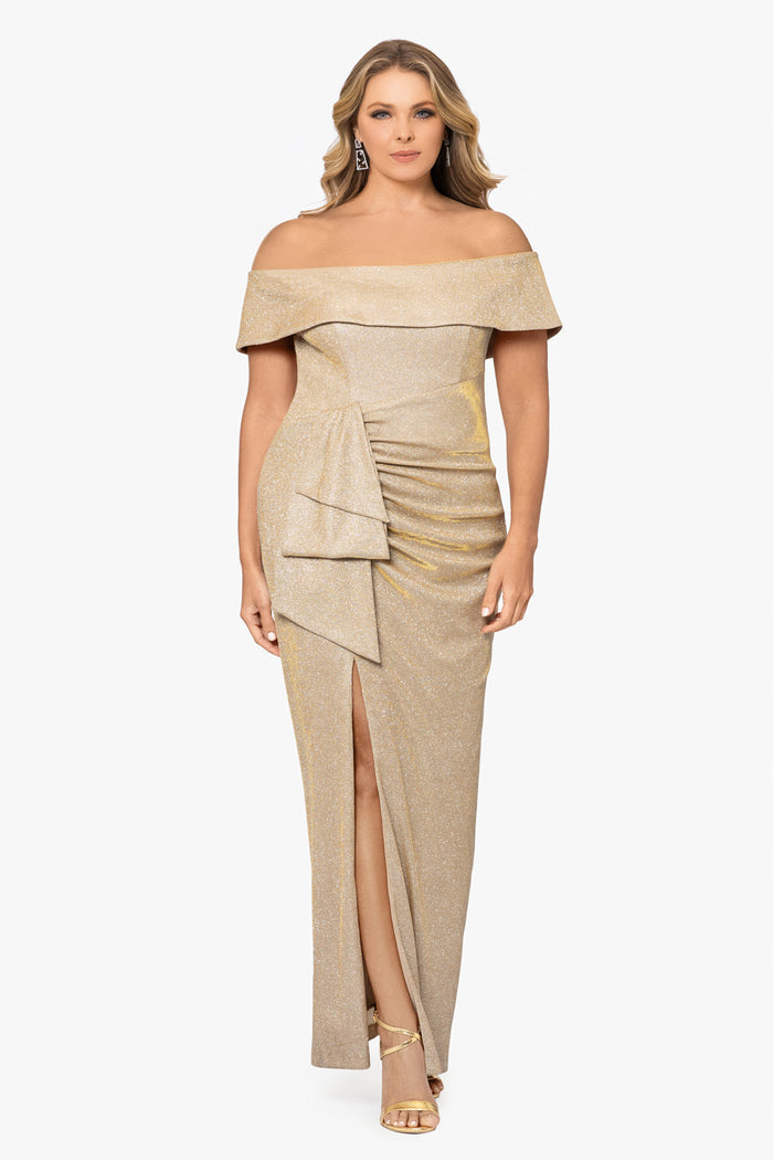 Gold/Silver Plus “Tessa” Glitter Off the Shoulder Ruffle Dress, front view