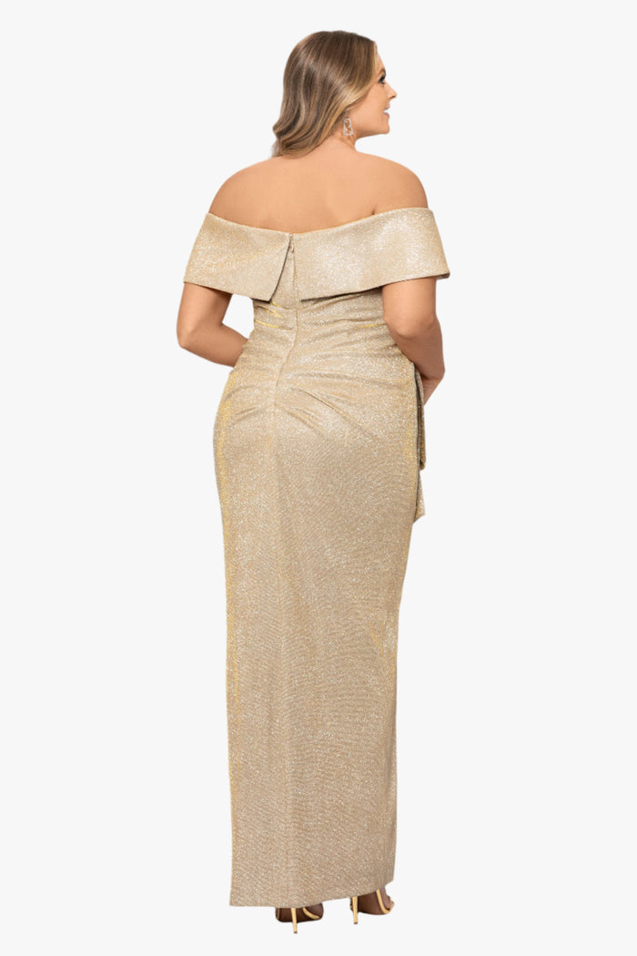 Gold/Silver Plus “Tessa” Glitter Off the Shoulder Ruffle Dress, back view