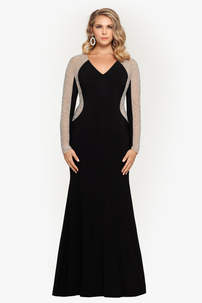 Plus “Wren” Jersey Knit Long Sleeve Crystal Beaded Dress, front view