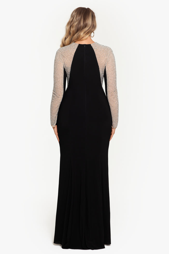 Plus “Wren” Jersey Knit Long Sleeve Crystal Beaded Dress, back view