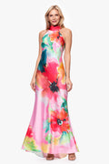Pink/Red “Poppy” Printed Satin Halter Dress, front view
