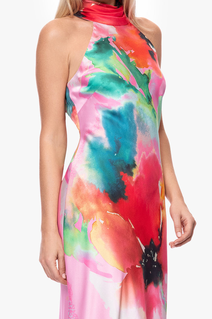 Pink/Red “Poppy” Printed Satin Halter Dress, draped halter neckline and floral print detail