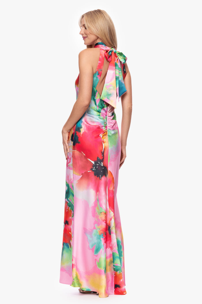 Pink/Red “Poppy” Printed Satin Halter Dress, back view with neck-tie detail