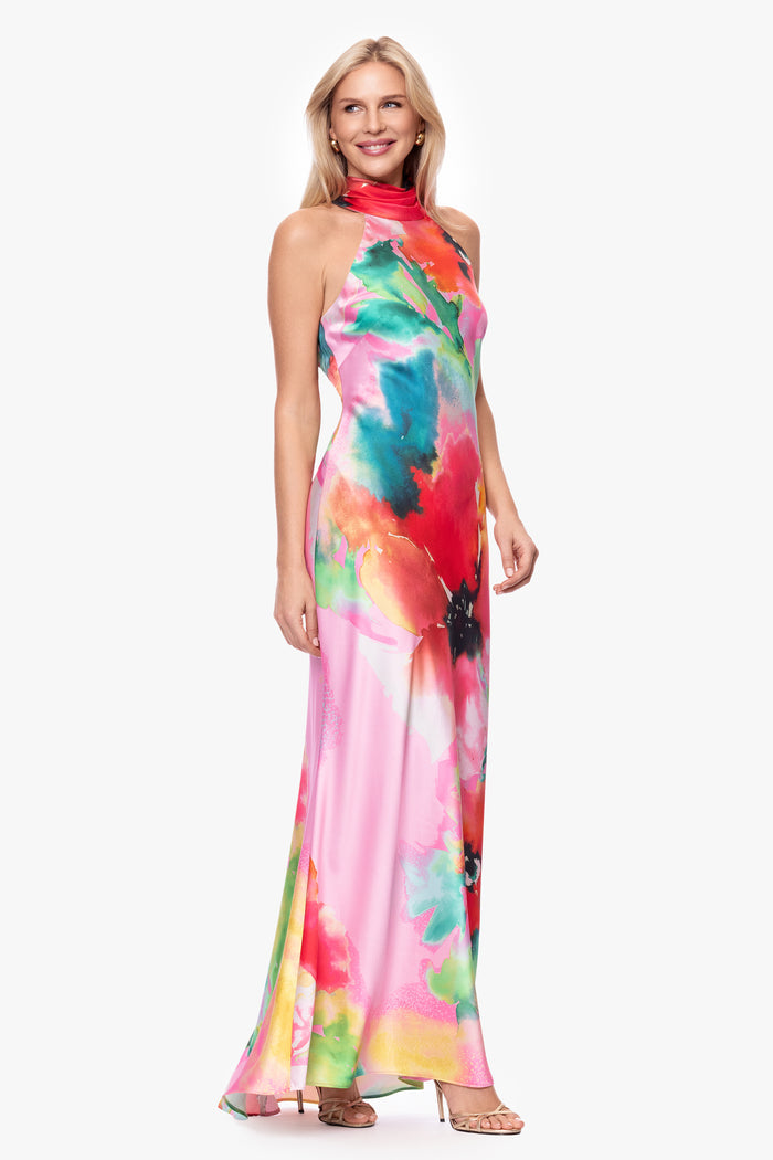 Pink/Red “Poppy” Printed Satin Halter Dress, angled three-quarter view