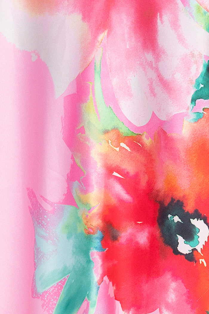 Pink/Red “Poppy” Printed Satin Halter Dress, floral satin fabric detail