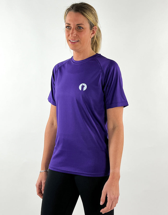 Woman wearing a purple Active Llama lightweight breathable quick-dry workout t-shirt