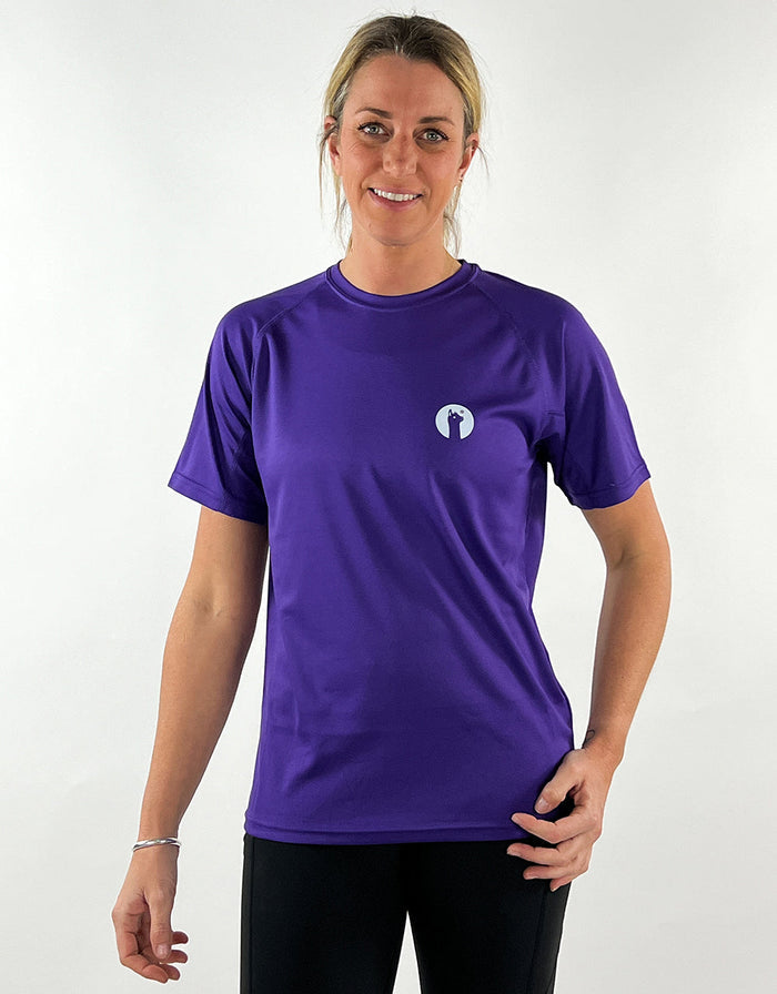 Woman wearing a purple active llama lightweight breathable workout t-shirt