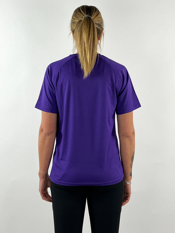 Back view of person wearing a purple active llama lightweight breathable quick-dry t-shirt