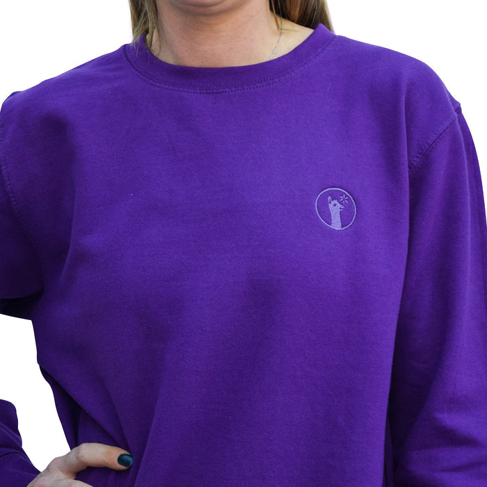 Purple Passion Llama sweatshirt in bold purple with soft fleece lining and relaxed fit.
