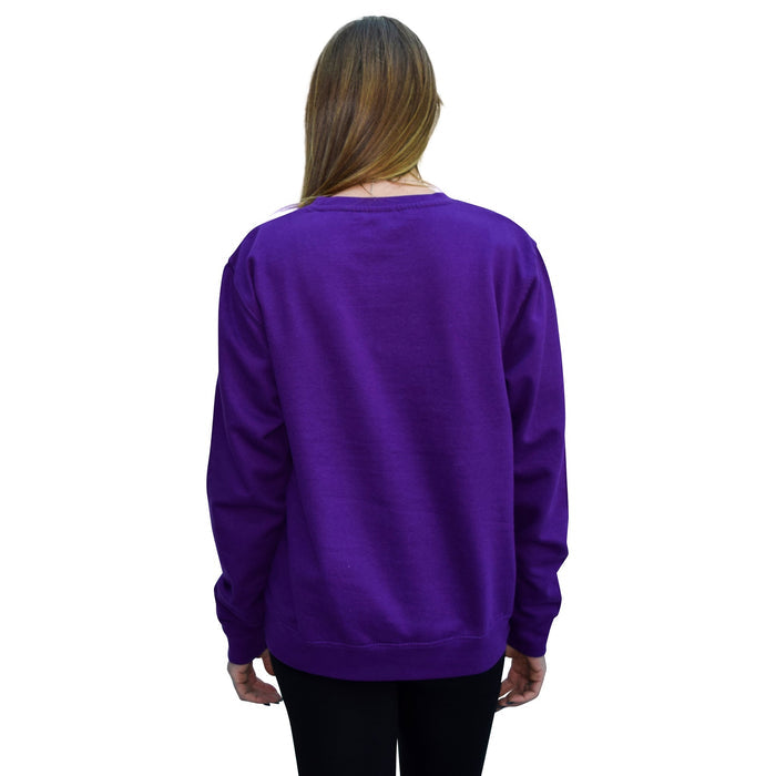 Back view of a person wearing a purple passion llama sweatshirt with a relaxed fit and ribbed cuffs.