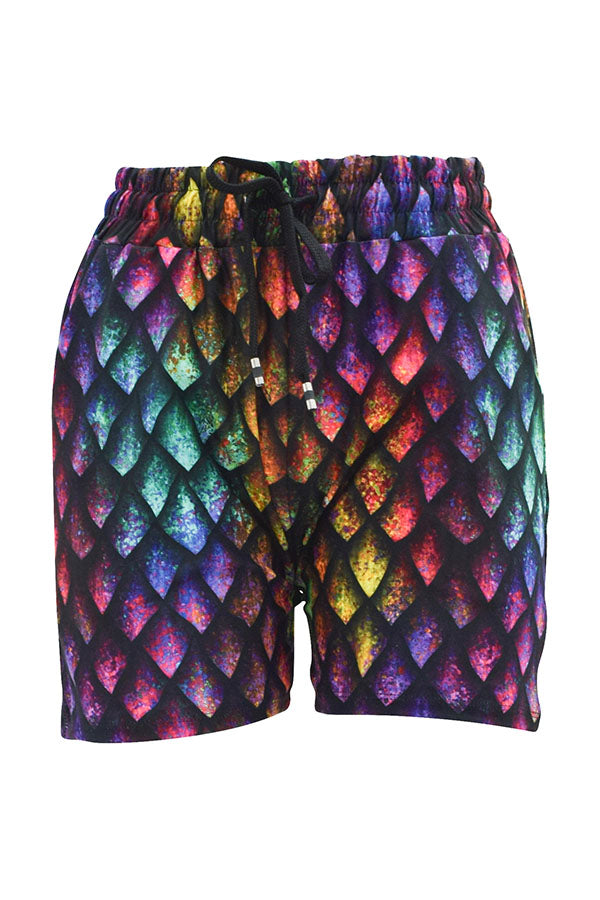 Rainbow dragon scales jogger shorts with vibrant rainbow hues and elastic waistband