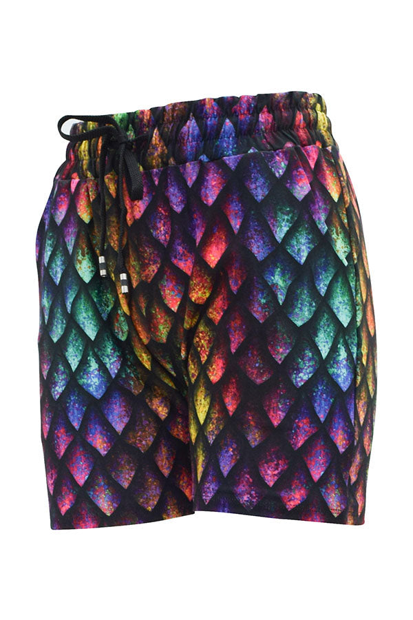 Rainbow dragon scales jogger shorts with elastic waistband and side pockets in vibrant rainbow hues.