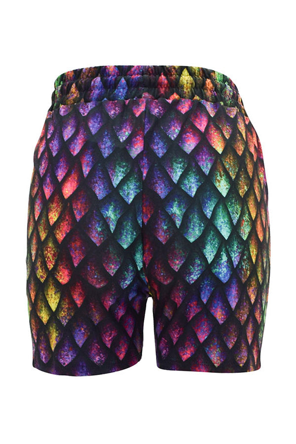 Rainbow dragon scales jogger shorts with bold multicolor pattern and elastic waistband for women