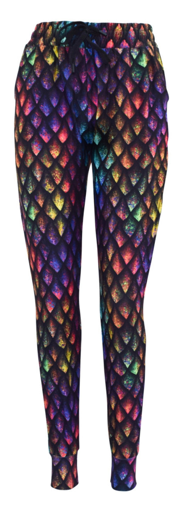 Slim fit joggers with rainbow dragon scales pattern, drawstring waist, cuffed bottoms, and pockets in soft magic fabric.