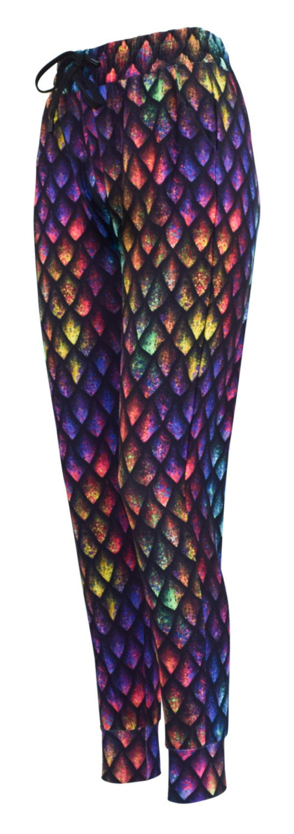 Slim fit joggers with rainbow dragon scales pattern, cuffed bottoms, drawstring waist, and pockets in soft fabric