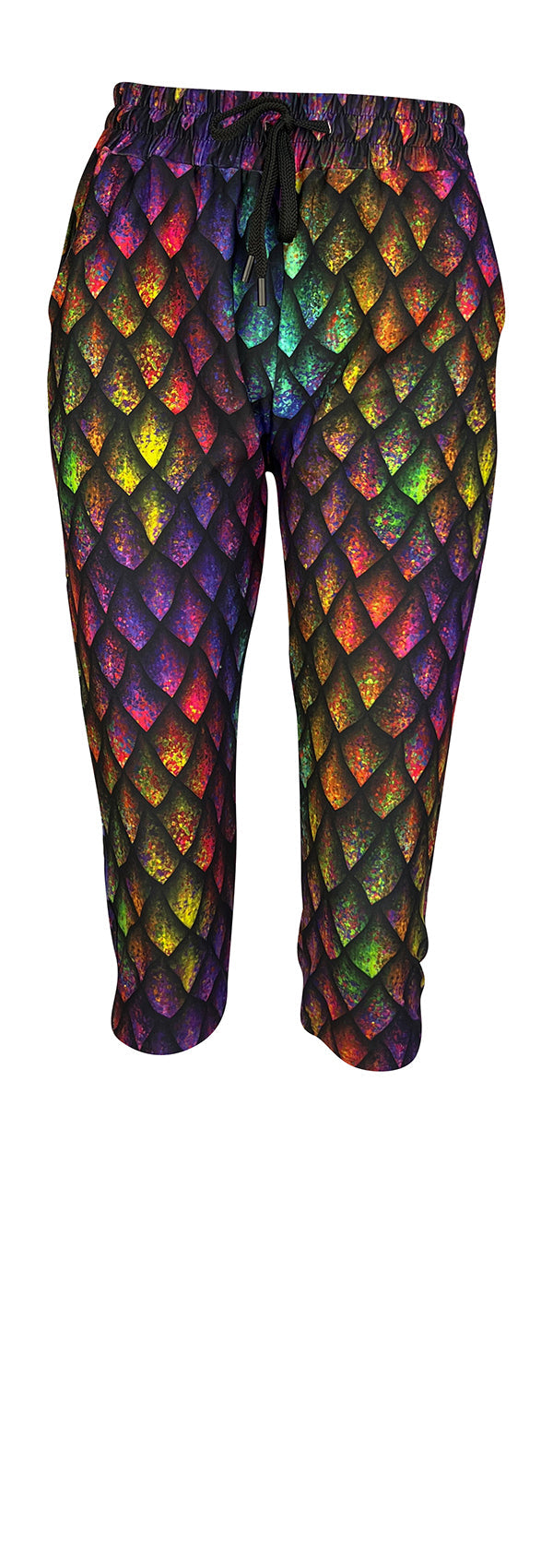 Rainbow Dragon Scales slim fit joggers with cuffed bottoms and drawstring waist featuring a colorful dragon scale pattern with subtle rainbow shading.