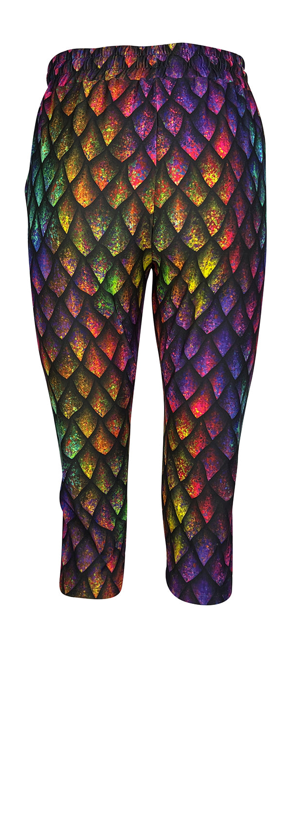 Slim fit joggers with rainbow dragon scale pattern, drawstring waist, cuffed bottoms, and pockets.