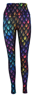 Rainbow Dragon Scales leggings with subtle rainbow shading and deep side pockets for keys and phone