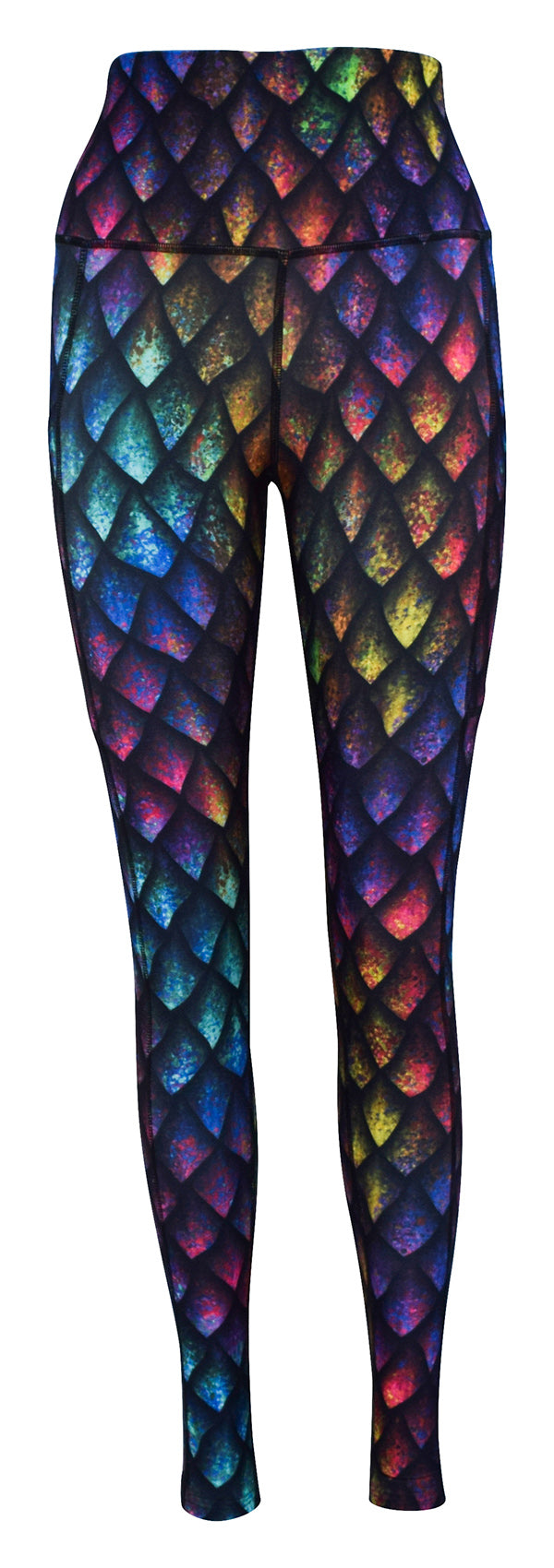 Rainbow Dragon Scales leggings with subtle rainbow shading and deep side pockets for keys and phone