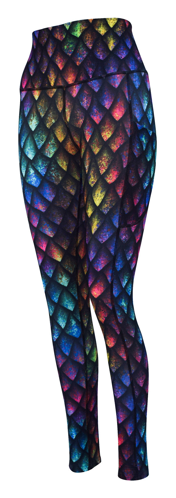 Rainbow dragon scales pattern leggings with subtle rainbow shading and deep side pockets.