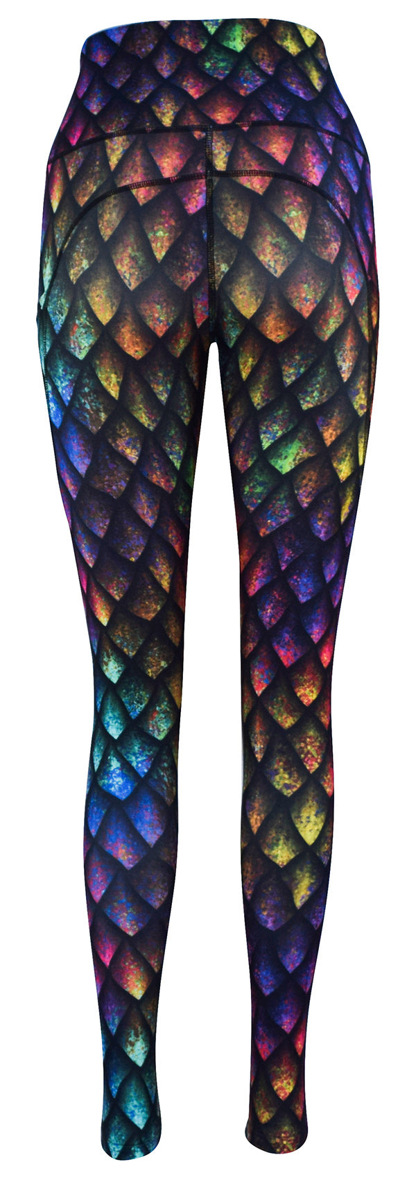 Leggings with rainbow dragon scales pattern and deep side pockets