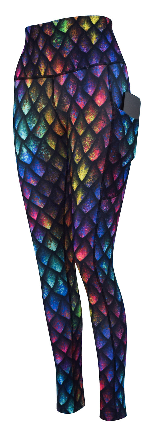 Leggings with rainbow dragon scales pattern and side pockets for keys and phone