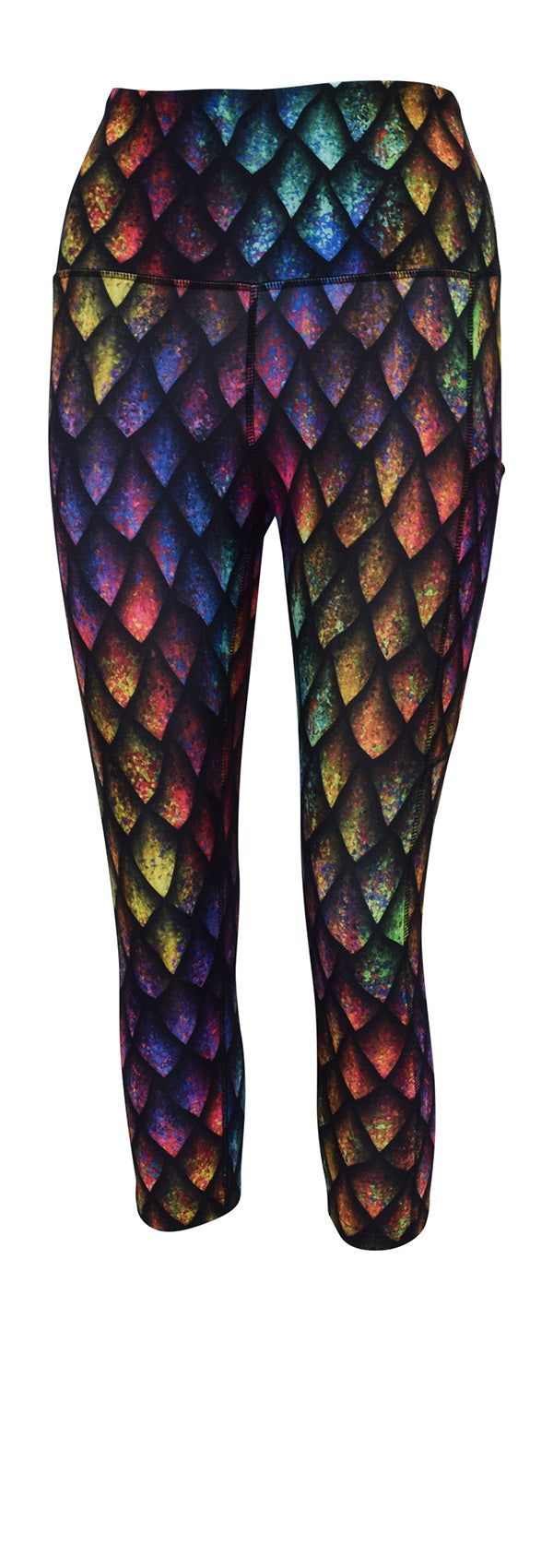 Rainbow dragon scales patterned leggings with rainbow shading and deep side pockets.