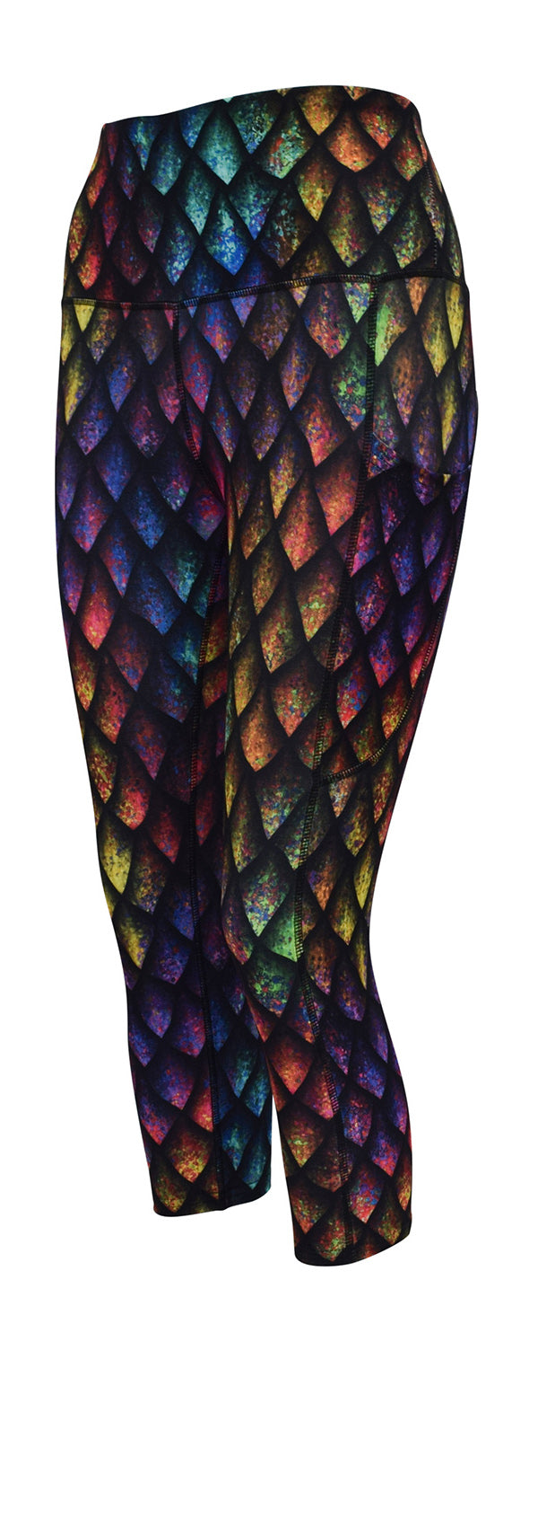 Leggings with rainbow dragon scales pattern and deep side pockets