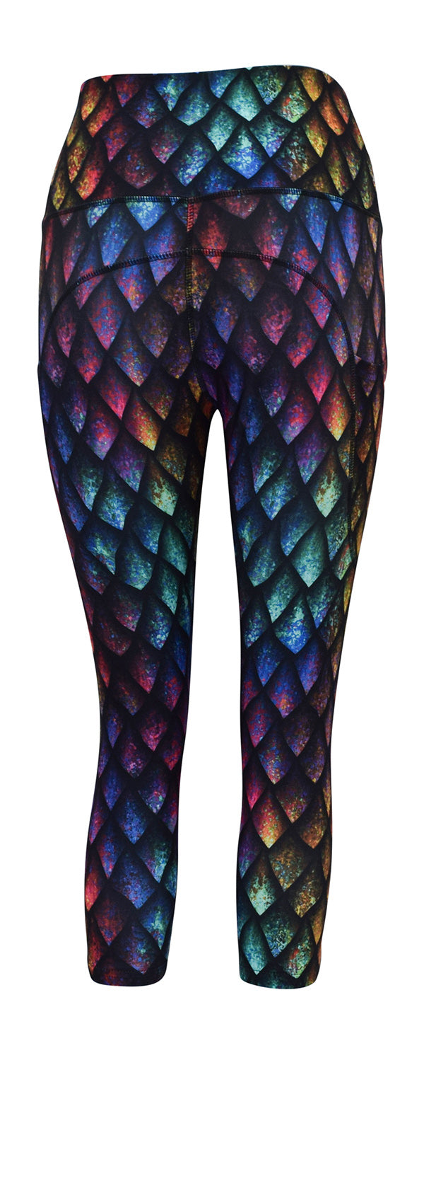 Rainbow Dragon Scales leggings with subtle rainbow shading and deep side pockets for keys and phone.