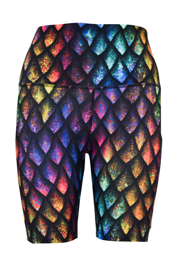 Rainbow dragon scales patterned shorts with subtle rainbow shading and deep side pockets for keys and phone.