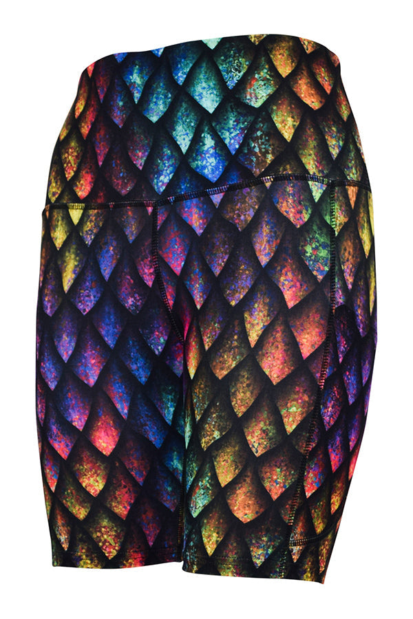 Rainbow Dragon Scales shorts with subtle rainbow shading and deep side pockets