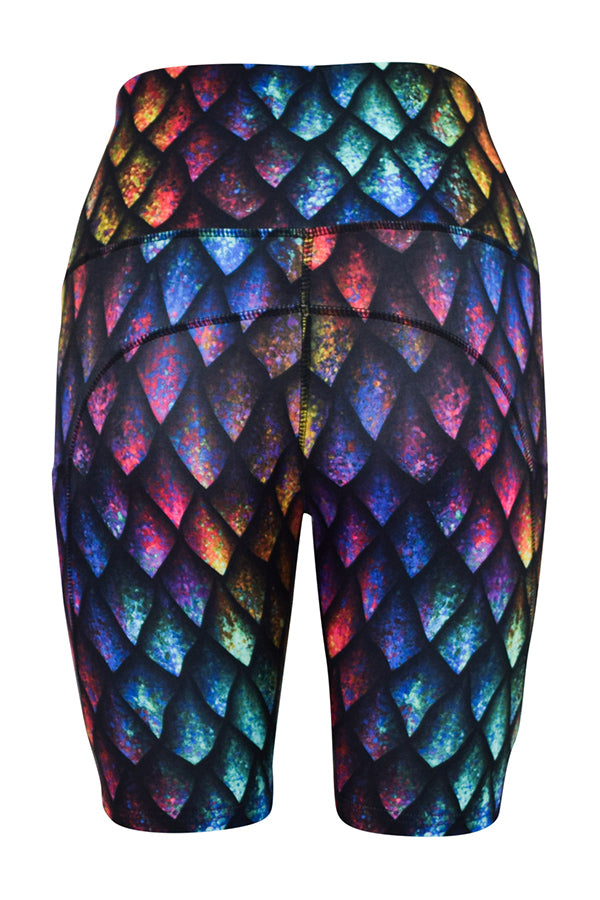 Rainbow dragon scales pattern soft shorts with rainbow shading and deep side pockets.