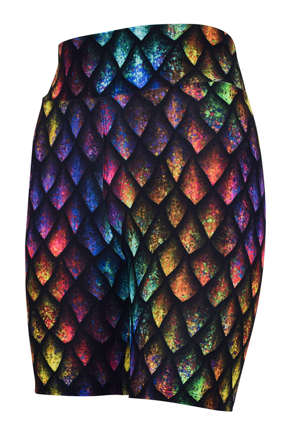 Black shorts with vibrant rainbow dragon scales pattern and subtle shading