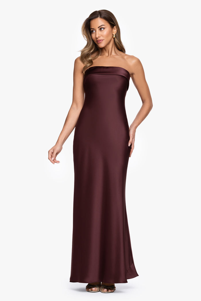 Chocolate “Reese” Satin Long Strapless Gown, front view