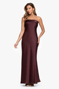 Chocolate “Reese” Satin Long Strapless Gown, front view