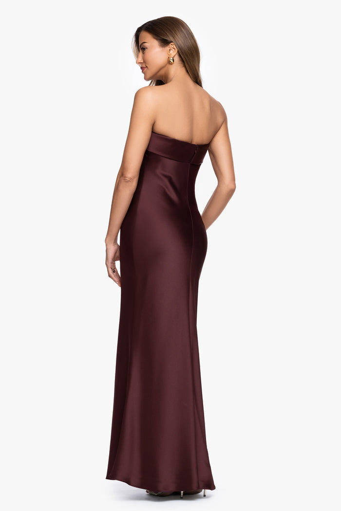 Chocolate “Reese” Satin Long Strapless Gown, back view